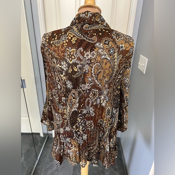 Vtg New York City Design Co Brown Floral Paisley Crinkle Retro Button Up Blouse - Picture 5 of 8